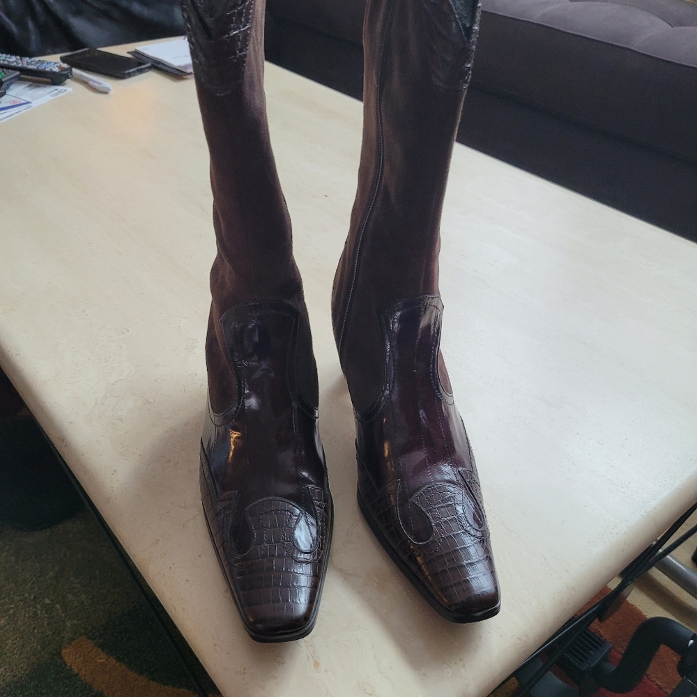 Cowboy style leather and suade boot.